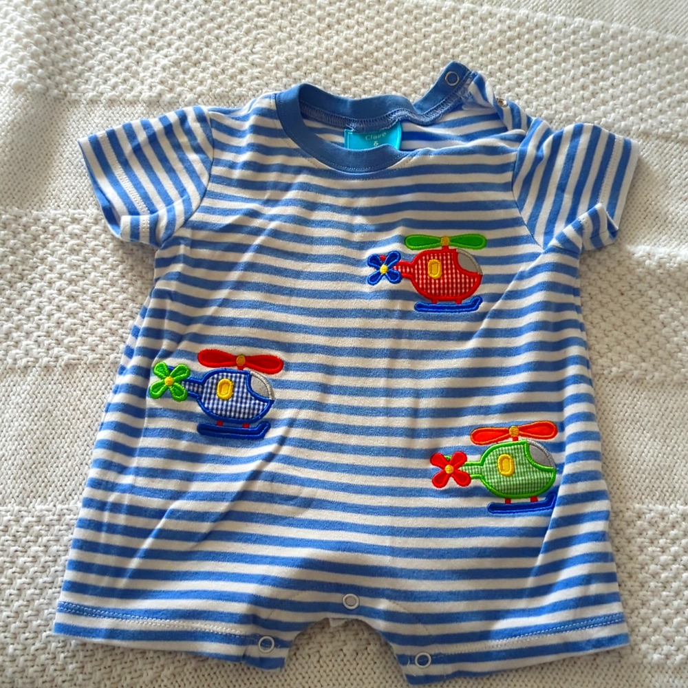 9-12 month helicopter romper blue stripe
